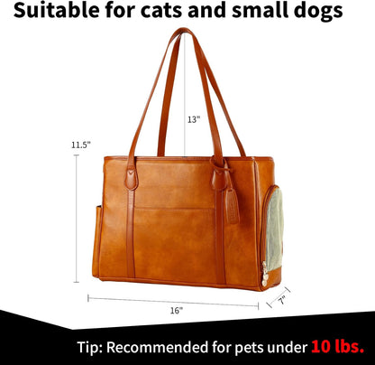 Monanller Stylish Dog Purse Carrier, Leather Pet Carrier Bag for Small Dogs Cats Puppy, Airline Approved Soft-Sided Carrier Beige