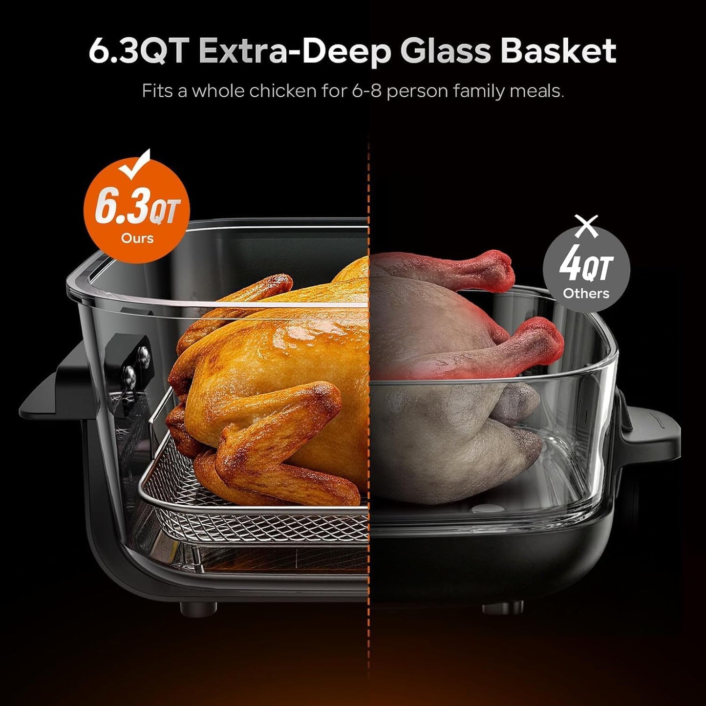 Glass Air Fryer Non Toxic, 6.3QT & 4.4QT Air Fryer with Dual Glass Baskets with Lids, 8-in-1 Portable Air Fryers Cristal, PFOA & PFAS-Free, Dishwasher Safe, Crispy Family Meals