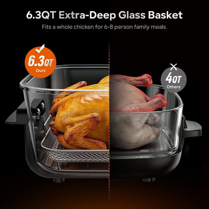Glass Air Fryer Non Toxic, 6.3QT & 4.4QT Air Fryer with Dual Glass Baskets with Lids, 8-in-1 Portable Air Fryers Cristal, PFOA & PFAS-Free, Dishwasher Safe, Crispy Family Meals