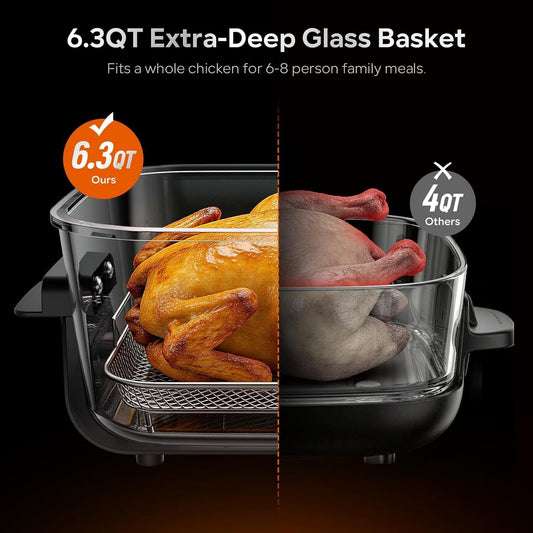 Glass Air Fryer Non Toxic, 6.3QT & 4.4QT Air Fryer with Dual Glass Baskets with Lids, 8-in-1 Portable Air Fryers Cristal, PFOA & PFAS-Free, Dishwasher Safe, Crispy Family Meals
