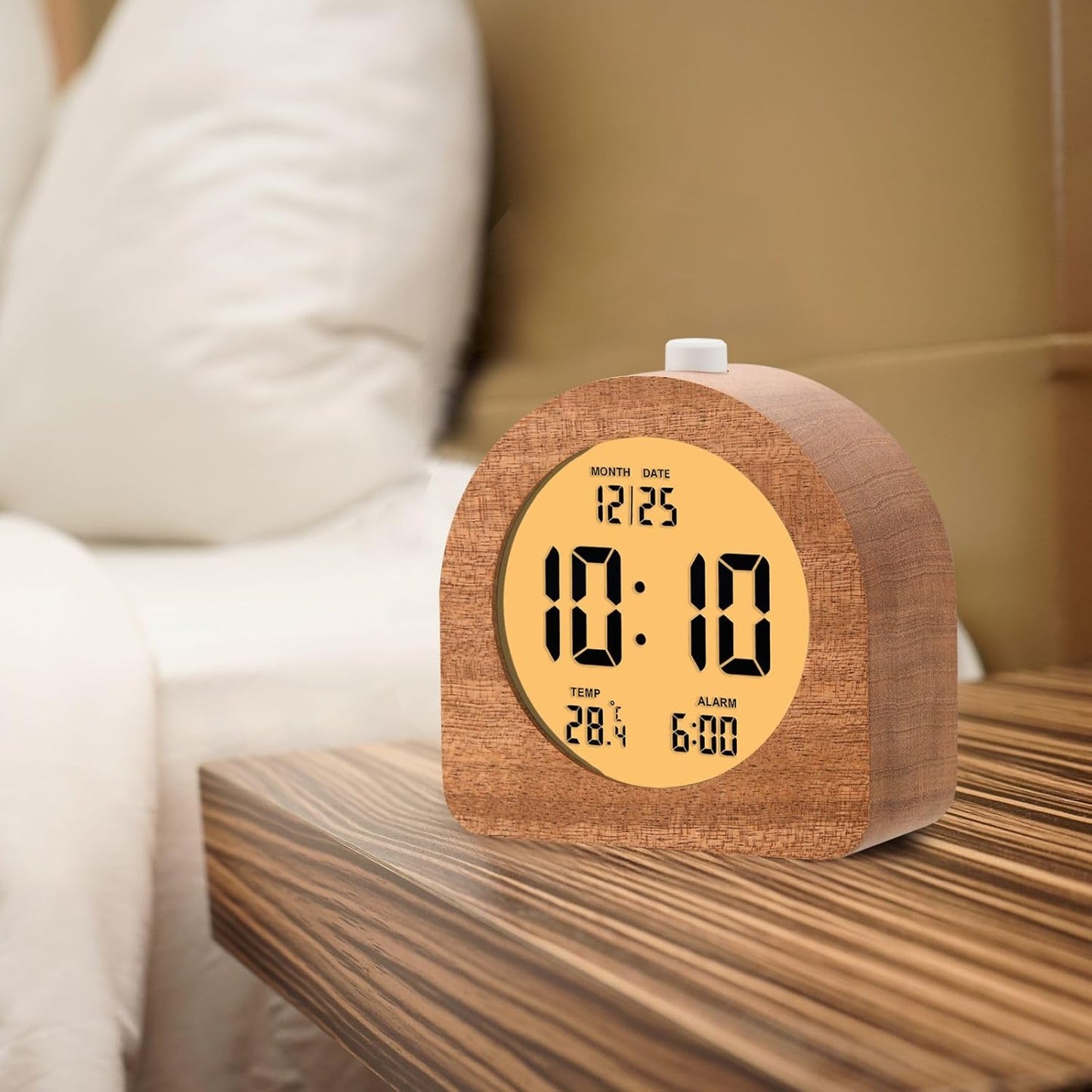 Plumeet Wooden Digital Alarm Clock for Bedrooms, Wood 4'' Battery Powered Alarm Clock with Snooze and Nightlight, Electronic LCD Desk Clock Display Time, Date, Temp, 12/24H, Wood Décor (Sapele, 3.2'')