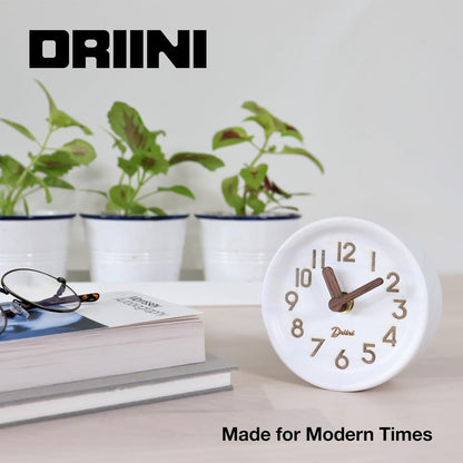 Driini Wooden Analog Desktop Clock – 4.3 in. Decorative Pinewood Clock, No-Tick Design – Easy to Read Silent Sweep Mantle Clock – Quiet Tabletop Clocks with Wood Body, Hands, & Battery Cover; Blue