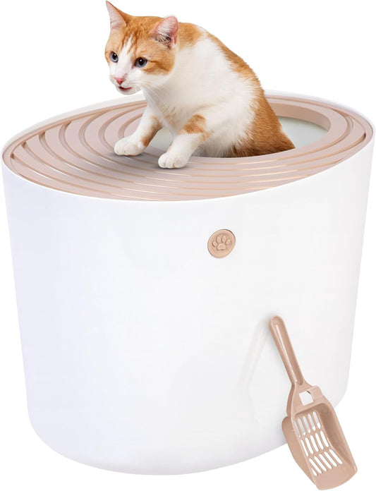IRIS USA Top Entry Cat Litter Box with Scoop - Large - Stylish Enclosed Round Oval Kitty Dog Proof Box, Litiere Pour Chat Bac - White/Beige