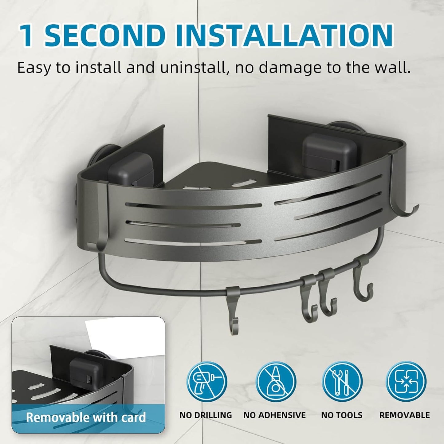 Onemake Corner Shower Caddy with Suction Cups, 2-Pack Removable Aluminum Wall Mounted Organizer Shelves Storage Rack with 2 Towel Bars 12 Portable Hooks, for Bathroom, Kitchen,Grey