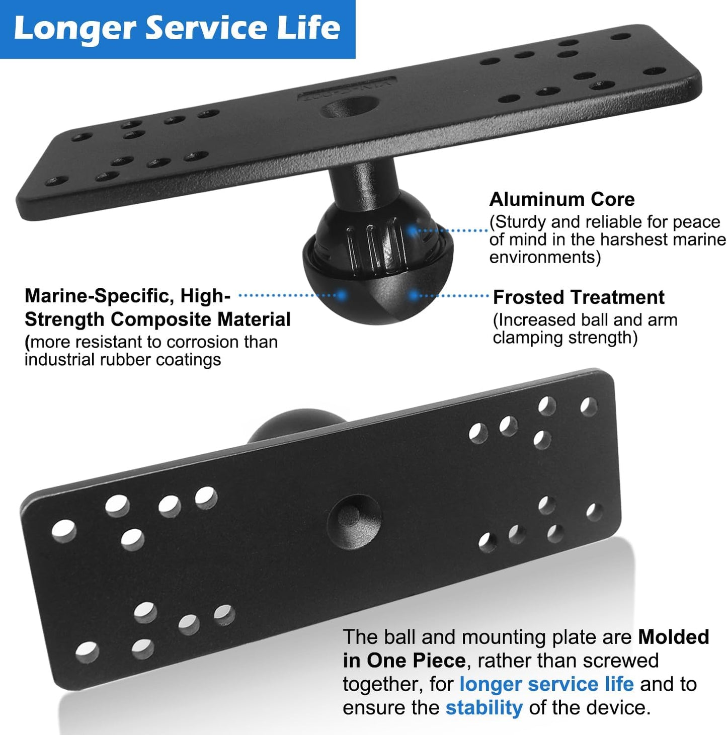WINDFRD 1.5" Ball Medium Arm Marine Electronic Mount, Fish Finder Mount, Universal Mounting Plate with 1.5 inches / 38mm / C Size Ball Adapters, Compatible with Humminbird, Garmin, Lowrance and More