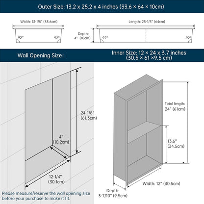 BLYLUND Shower Niche 12" x 24" NO Tile Needed,Matte Black Double Shelf Organizer, Square Corners Wall-Inserted Niche Recessed Shower Shelf Modern Soap Niche for Bathroom