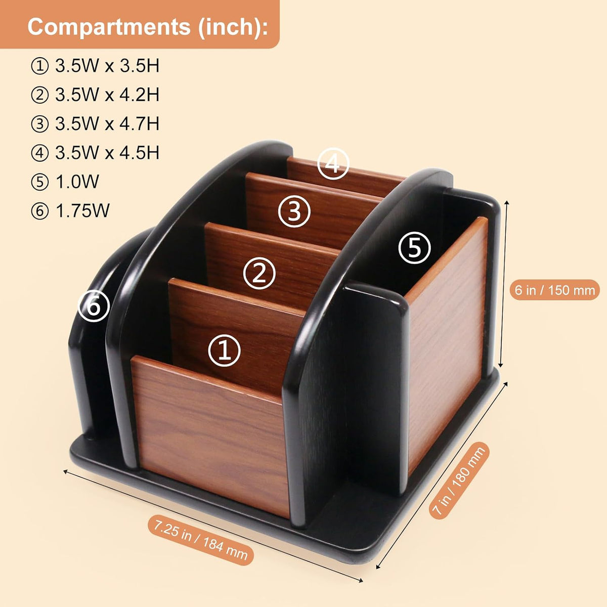 Coideal Large Remote Controls Holder, Rotating Wooden Caddy for Table, Spinning Office Supplies Desk Storage Organizer / Revolving Wood Pen Pencil Holder (6 Compartments, Brown & Black)