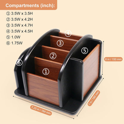 Coideal Large Remote Controls Holder, Rotating Wooden Caddy for Table, Spinning Office Supplies Desk Storage Organizer / Revolving Wood Pen Pencil Holder (6 Compartments, Brown & Black)