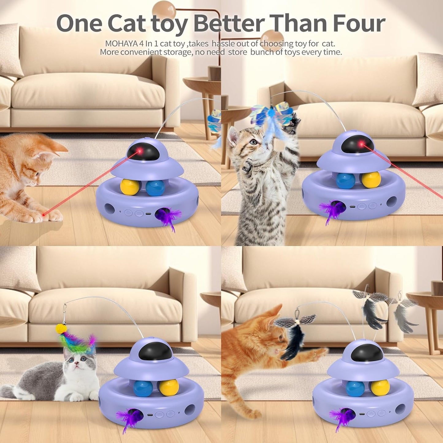 MOHAYA Interactive Cat Toys for Indoor Cats,4-in-1 Automatic Kitten Toy,Motion Activated Electronic Fluttering Butterfly,Track Balls, Moving Feather Toys for All Breeds,USB Rechargeable