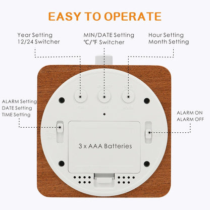 Plumeet Wooden Digital Alarm Clock for Bedrooms, Wood 4'' Battery Powered Alarm Clock with Snooze and Nightlight, Electronic LCD Desk Clock Display Time, Date, Temp, 12/24H, Wood Décor (Sapele, 3.2'')