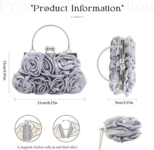 JAMBHALA Women Evening Clutch Bag Floral Satin Purses with Detachable Strap for Wedding, Party, Prom - PuriLite