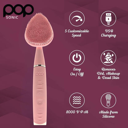 Pop Sonic Clover Facial Cleansing Device- Silicone Pore Cleaning Tool w/Case- 8000VPM, USB Charging Skin Care Tools for Face (Pink)