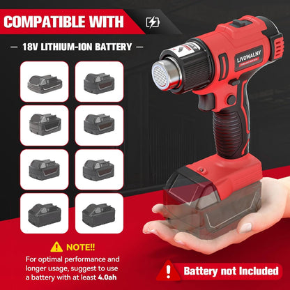 LIVOWALNY Cordless Heat Gun Compatible with Milwaukee 18V Battery (Tool Only) 18V 350W Hot Air Gun I: 300℃（572°F), II: 550℃（1022°F) Dual Temperature Control Battery Powered Heat Gun Kit