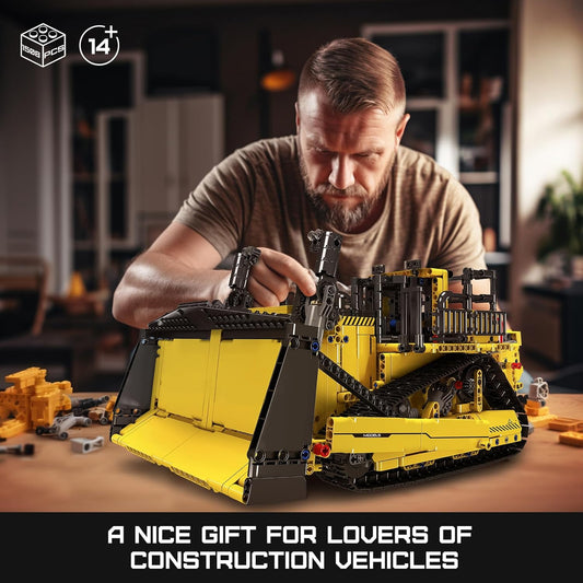 Remote Control Bulldozer Building Blocks Set – 1508-Piece STEM Engineering Construction Vehicle Kit for Adults, Motorized RC Model, Yellow