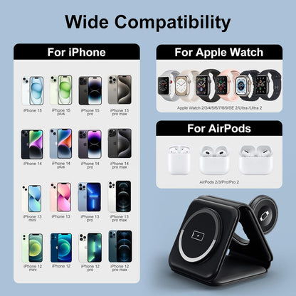 RTOPS 3 in 1 Wireless Charger for iPhone,W312 Fodable Charging Stations for Multiple Apple Devices, Fast Travel Charging Stand for iWatch, Airpod and iPhone 15 14 13 12 (Adapter Included)
