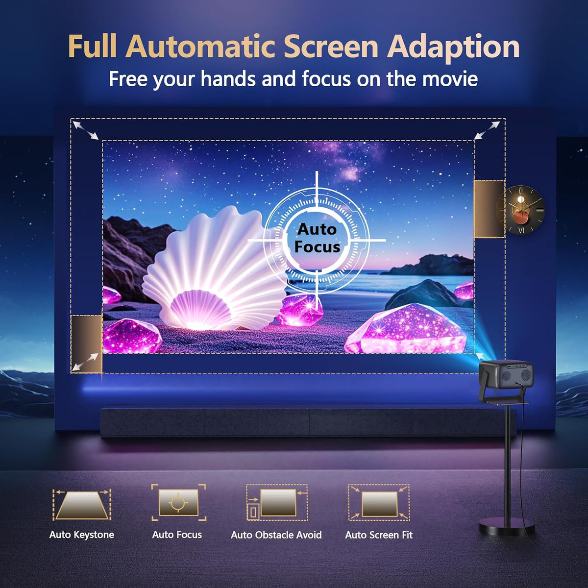 [4600 ANSI/Official Apps/65W Audio] Outdoor 4K Projector with WiFi and Bluetooth, Auto Focus, Auto Keystone Smart Projector Support DoIby Audio, Upgrade Short Throw Projector with 360°Stand