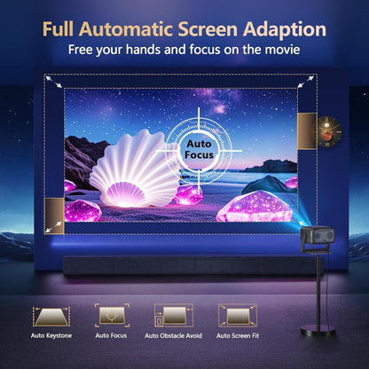 [4600 ANSI/Official Apps/65W Audio] Outdoor 4K Projector with WiFi and Bluetooth, Auto Focus, Auto Keystone Smart Projector Support DoIby Audio, Upgrade Short Throw Projector with 360°Stand