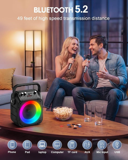 Karaoke Machine for Adults Kids, Portable Bluetooth Karaoke Speaker with 2 Wireless Microphones System with Lights, PA System for Home Party Supports USB/TF/REC/FM/AUX(No Screen Included)
