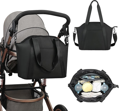 Black Stroller Diaper Bag | Large Capacity Faux Leather Organizer