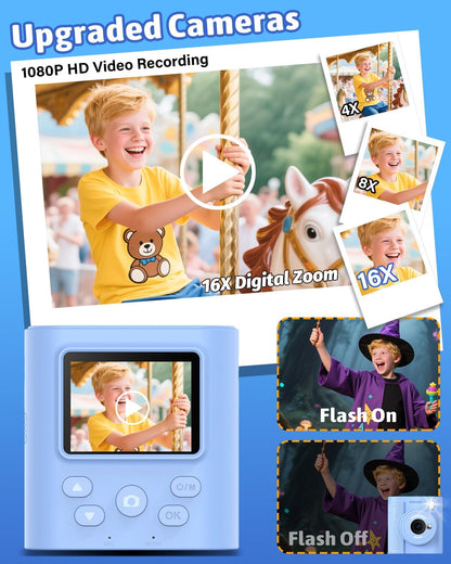 Mgaolo Kids Camera with Instant Print, Thermal Printing Digital Camera Gift for 3-12 Years Old Children, Safe Ink-Free Design, Toy for Creativity & Learning (Black)