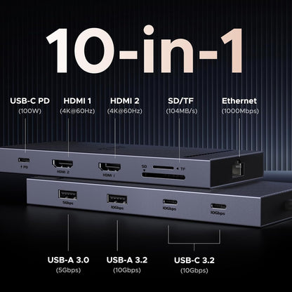 UGREEN Revodok Pro 2102, 10 in 1 Docking Station Dual 4K@60hz Monitor, USB C Hub with Dual HDMI, USB A&C 10G Hub, SD/TF Card Reader, PD 100W Charging, Gigabit Ethernet Port for Laptops