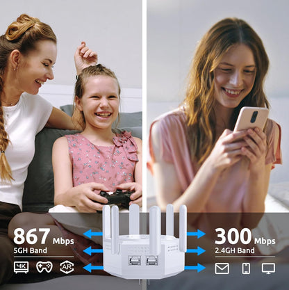 1200Mbps WiFi Extender,WiFi Repeater, WiFi Booster, Covers Up to 12880 Sq.ft and 60 Devices, Internet Booster,Dual Band 5.8GHz&2.4GHz with Ethernet Port for Large Home Office