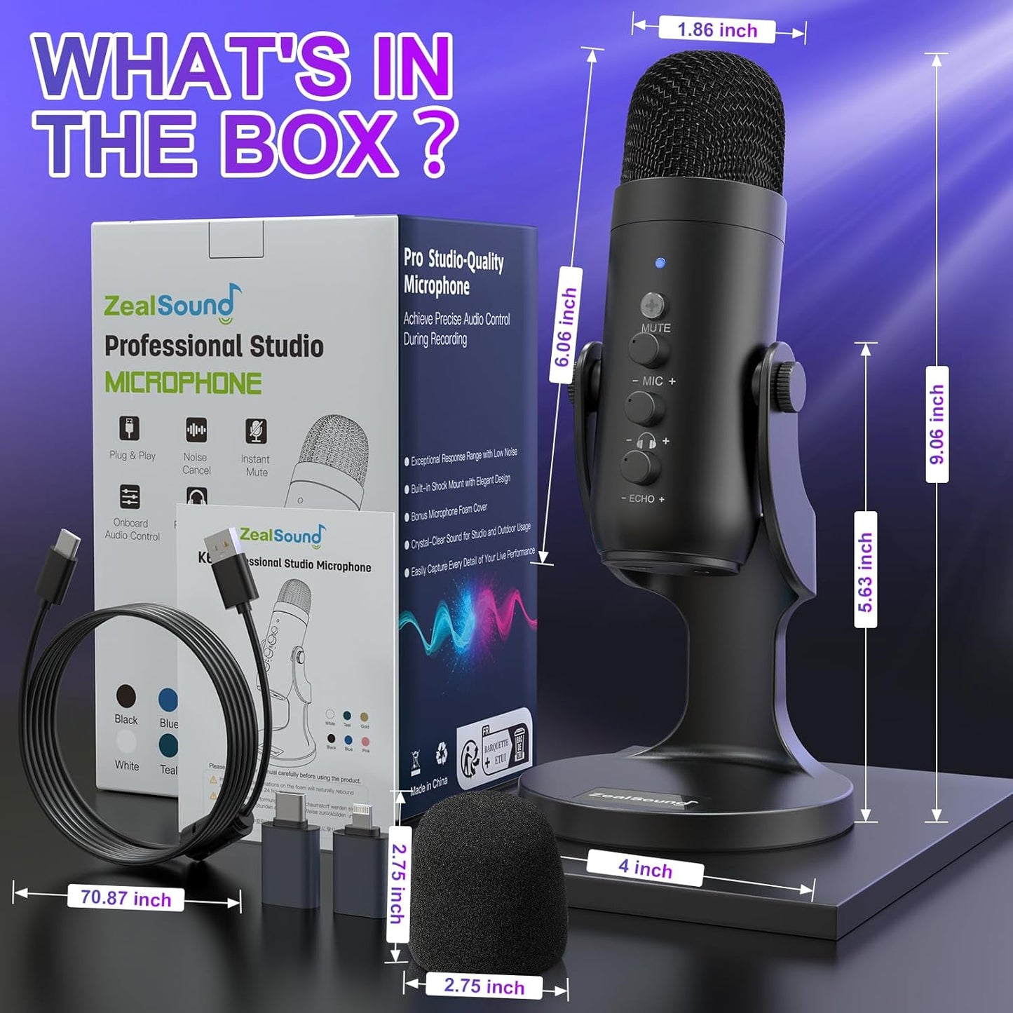 ZealSound USB Microphone,Condenser Phone Computer PC Mic kit,Plug&Play Gaming Microphones for PS 4&5.Mic Gain&Volume Control,Echo &Mute Button for Vocal,Record,Streaming,Discord YouTube Podcast on Mac