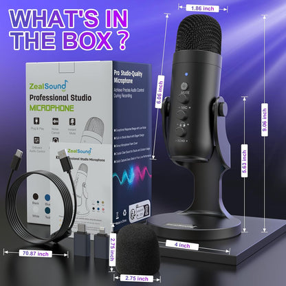 ZealSound USB Microphone,Condenser Phone Computer PC Mic kit,Plug&Play Gaming Microphones for PS 4&5.Mic Gain&Volume Control,Echo &Mute Button for Vocal,Record,Streaming,Discord YouTube Podcast on Mac