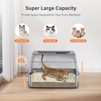 Stainless Steel Litter Box with Lid, XL Extra Large Enclosed Cat Litter Box for Big Cats 110° Flip Cover, Top Entry Metal High Sided Litter Box & Pedal & Scoop, Anti-Leakage (Grey)