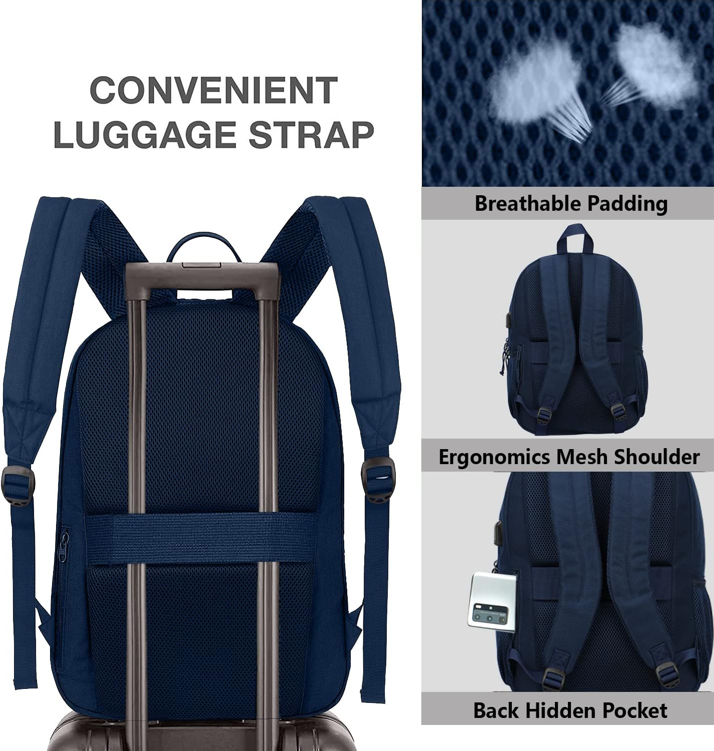 KEOFID classic carry-on travel backpack for men and women, Anti theft laptop backpack with USB charging port, large backpack for college(dark black）