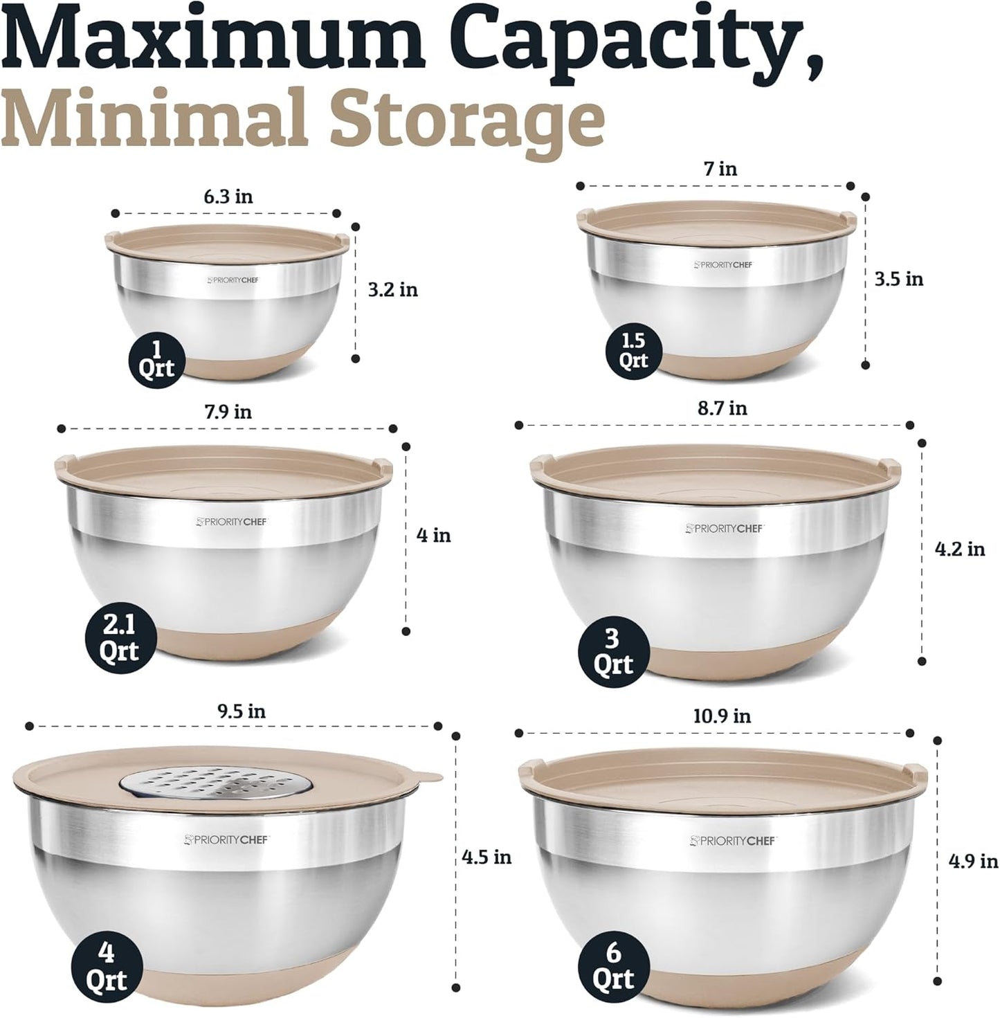 Priority Chef 6Pc Large Mixing Bowls with Lids Set with Non-Slip Bases, Stainless Steel Mixing Bowl Set, 6 Airtight Lids and 3 Graters, Serving Nesting Metal Bowl Set, Grey