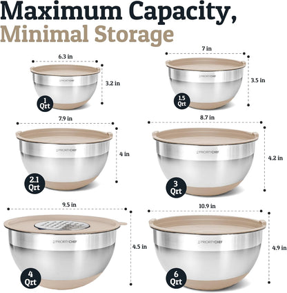 Priority Chef 6Pc Large Mixing Bowls with Lids Set with Non-Slip Bases, Stainless Steel Mixing Bowl Set, 6 Airtight Lids and 3 Graters, Serving Nesting Metal Bowl Set, Grey