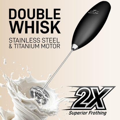 Zulay Kitchen Powerful Double Whisk Milk Frother Handheld - Foam Maker with Stand - Whisk Drink Mixer for Coffee, Mini Foamer for Latte, Matcha, Frappe, Hot Chocolate & Cappuccino (Black)