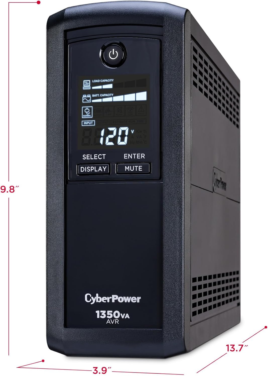 CyberPower CP1500AVRLCD3 Intelligent LCD UPS System, 1500VA/900W, 12 Outlets, 2 USB Ports, AVR, Mini Tower, Black