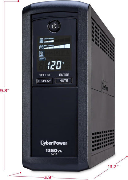 CyberPower CP1500AVRLCD3 Intelligent LCD UPS System, 1500VA/900W, 12 Outlets, 2 USB Ports, AVR, Mini Tower, Black