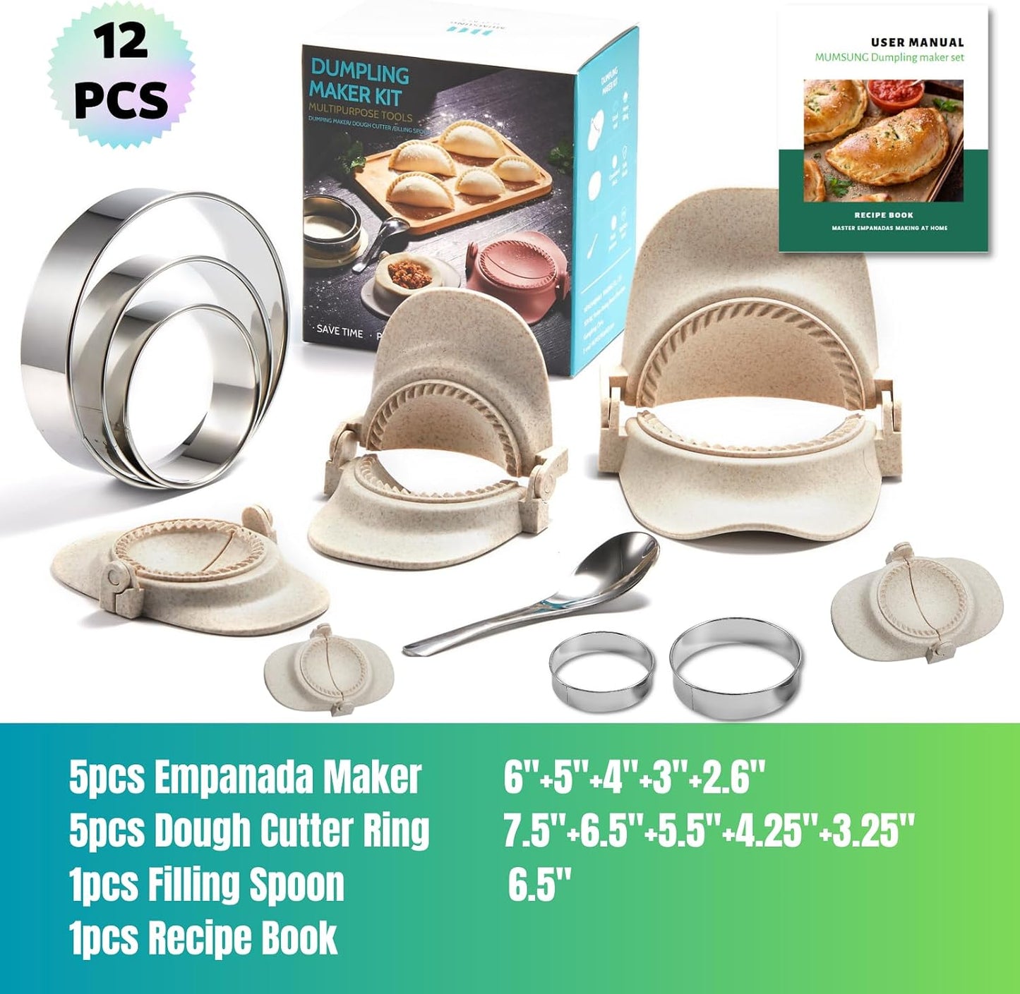 Empanada Maker Press, 5 Size (6"+5"+4"+3"+2.6") Professional Dumpling Maker Mold kit, Fast to Make Empanadas Jamaican Beef Patties Pierogi pastelitos, White