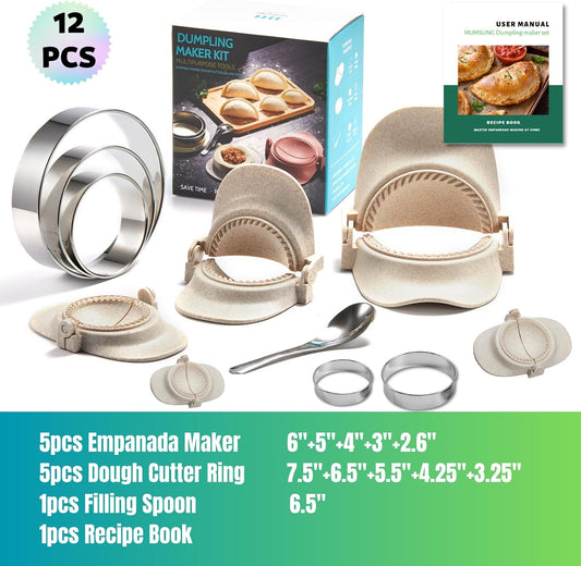 Empanada Maker Press, 5 Size (6"+5"+4"+3"+2.6") Professional Dumpling Maker Mold kit, Fast to Make Empanadas Jamaican Beef Patties Pierogi pastelitos, White