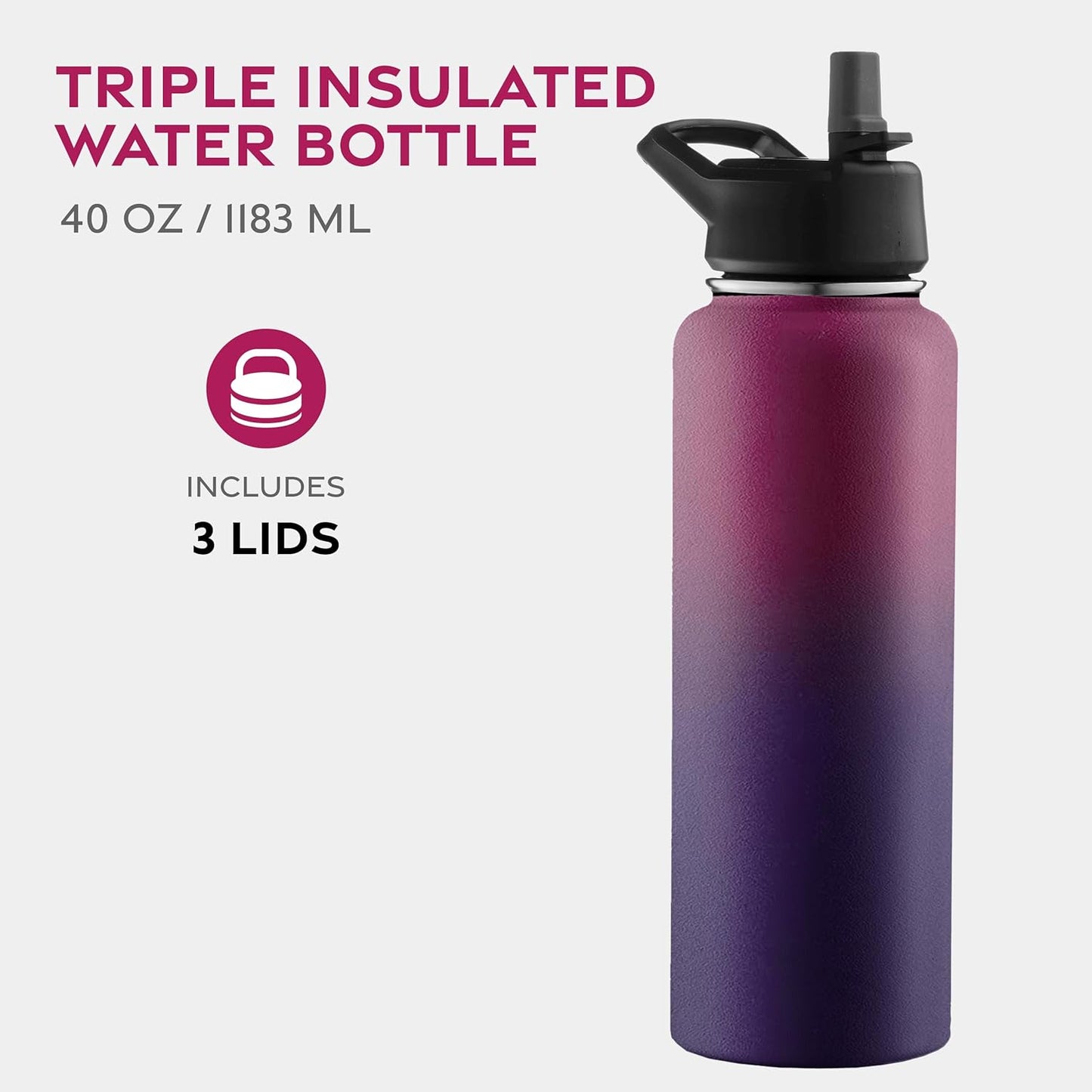 FineDine Water Bottle - Stainless Steel Insulated Water Bottle with Straw Lid, Flip Lid & Wide-Mouth Cap - Keeps Hot and Cold - 25 Oz / 739ml - Pure Pearly White