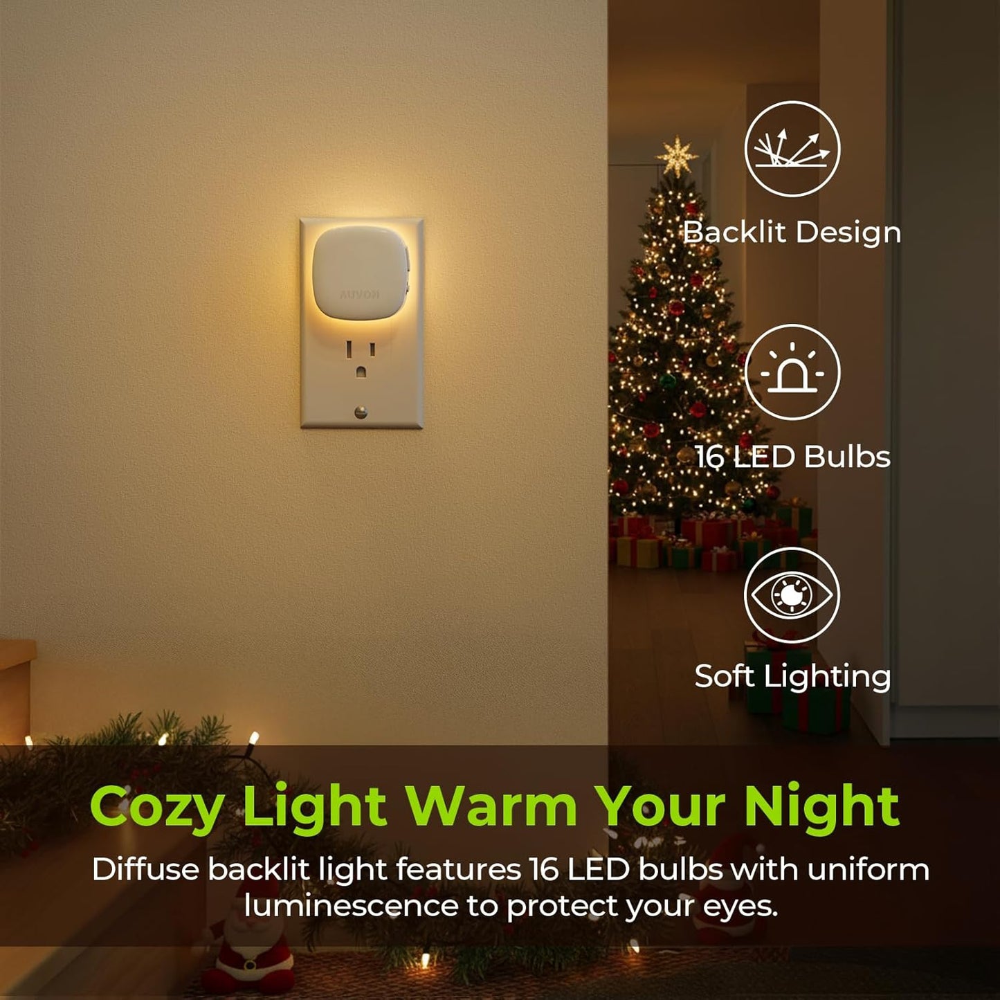 Plug-In LED Backlit Night Light with Motion Sensor and Dusk to Dawn Sensor, Dimmable Warm White Night Light 1–50 Lumens for Bedroom, Bathroom, Hallway and Stairs, 2 Pack - PuriLite