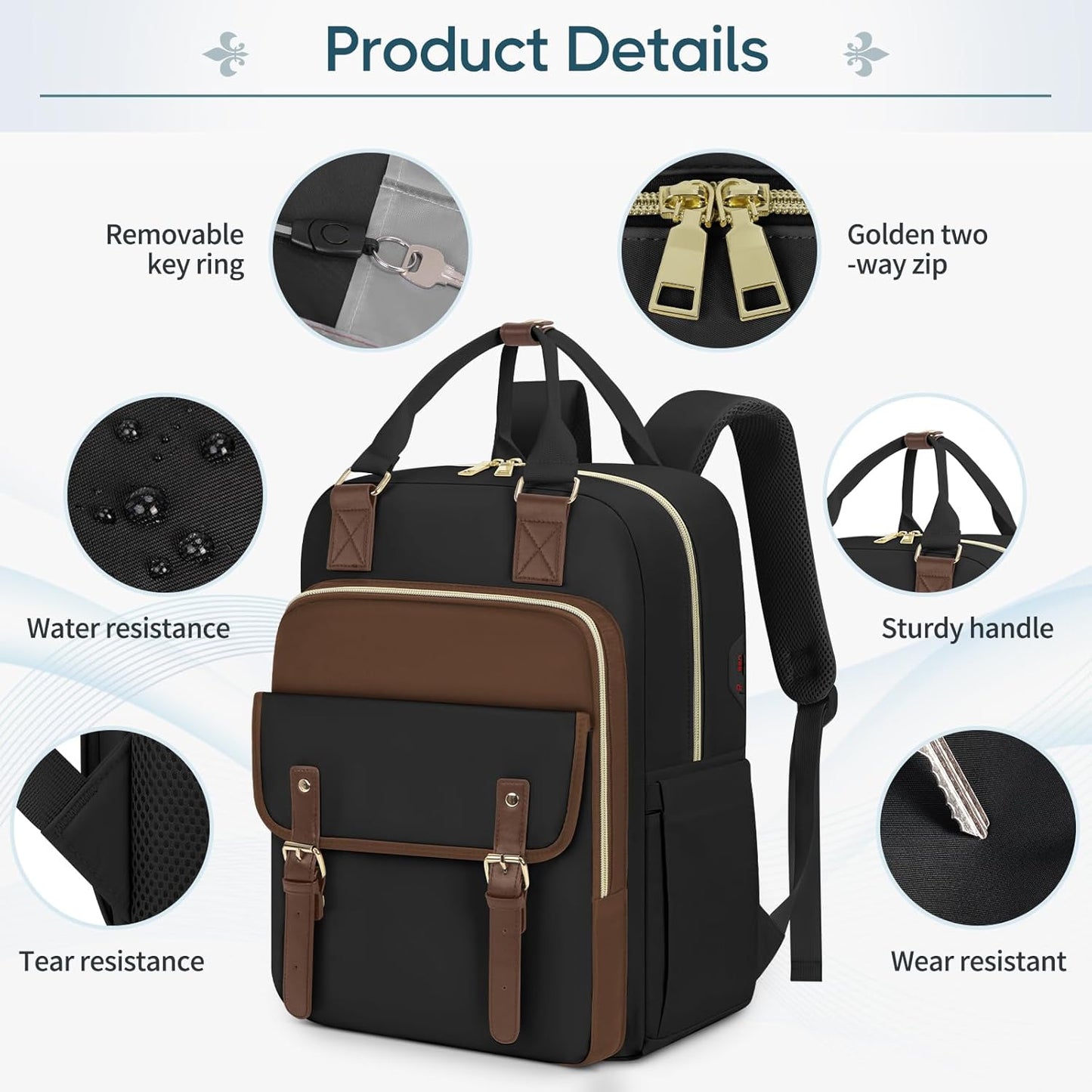 RAINSMORE Laptop Backpack 15.6 Inch for Women Large Travel Backpack with USB Charging Port Water Resistant