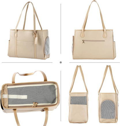 Monanller Stylish Dog Purse Carrier, Leather Pet Carrier Bag for Small Dogs Cats Puppy, Airline Approved Soft-Sided Carrier Beige