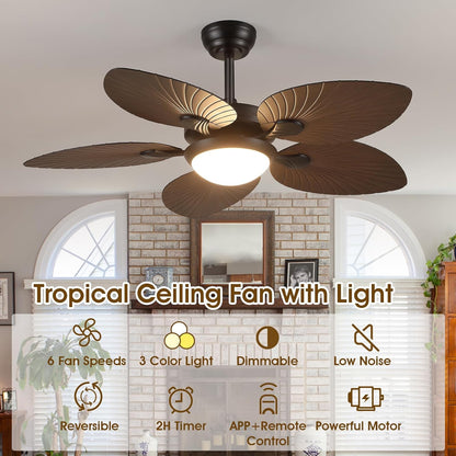 Wiviniya Ceiling Fans with Lights and Remote/APP Control, 44 Inch Tropical Palm Leaf Ceiling Fan with LED Lights, Outdoor Ceiling Fans for Patios Porch, Reversible Quiet Motor, Dimmable, Light Brown