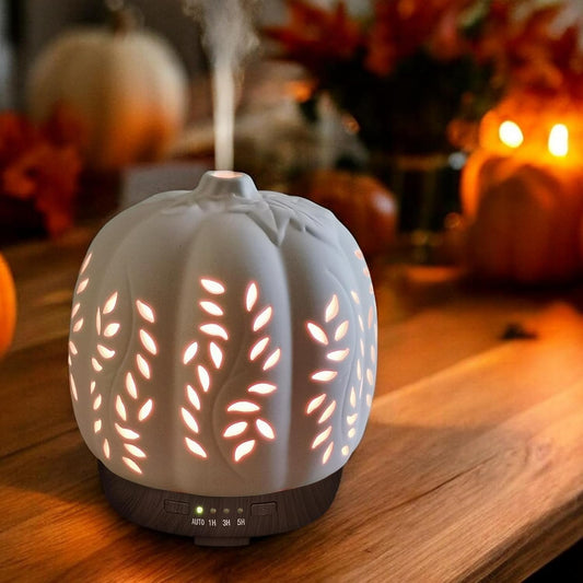 Earnest Living Essential Oil Diffuser White Pumpkin Ceramic Diffuser 250 ml Timers Night Lights and Auto Off Function Home Office Humidifier Aromatherapy Diffusers for Essential Oils Halloween