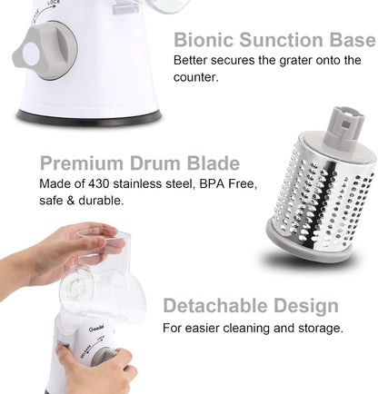 Geedel Kitchen Cheese Grater, Rotary Mandoline Vegetable Slicer with Interchangeable Blades, Easy to Use Rotary Grater Slicer for Fruit, Vegetables, Nuts