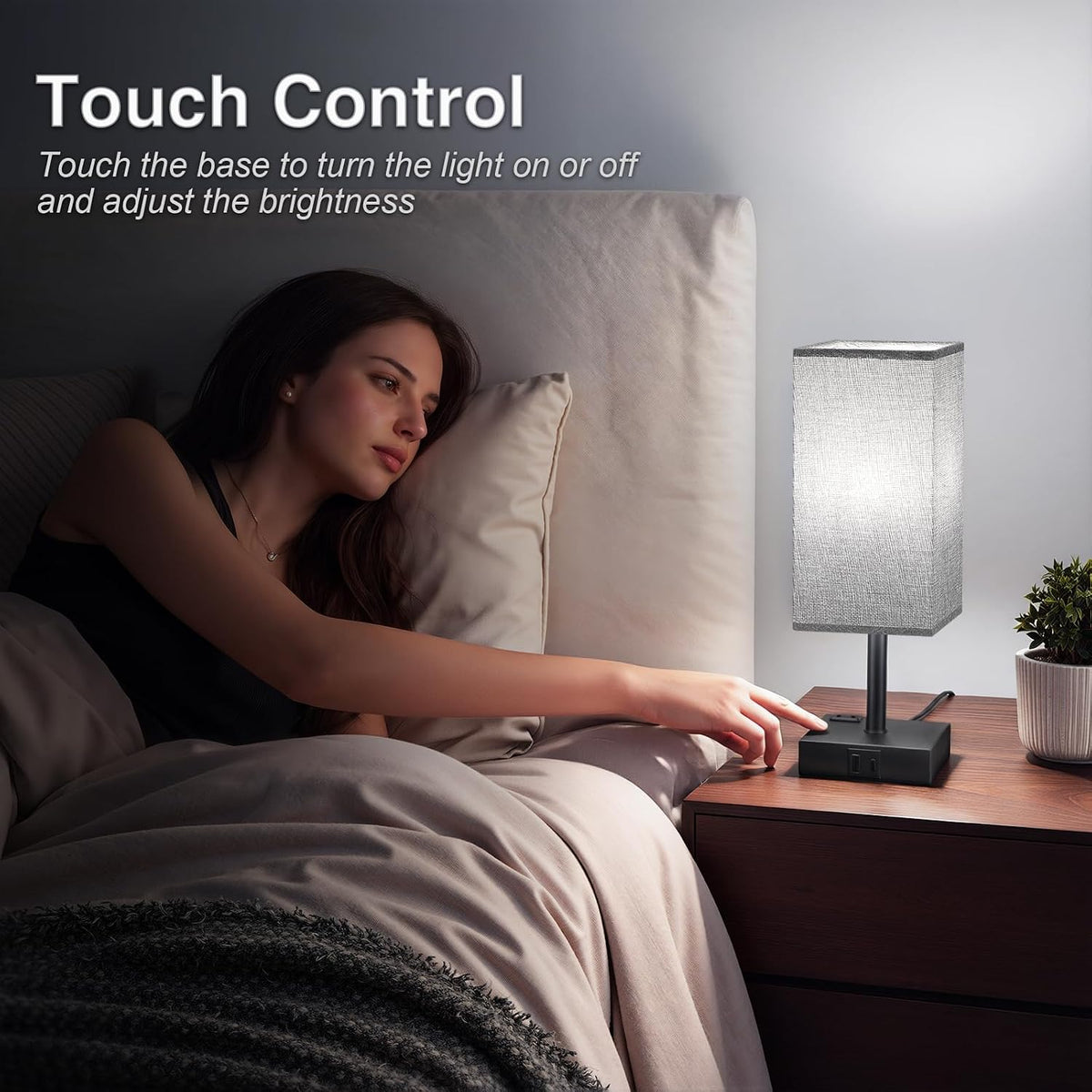 Fenmzee Bedside Table Lamp - Grey Touch Bedroom Lamp with 3 Way Dimmable