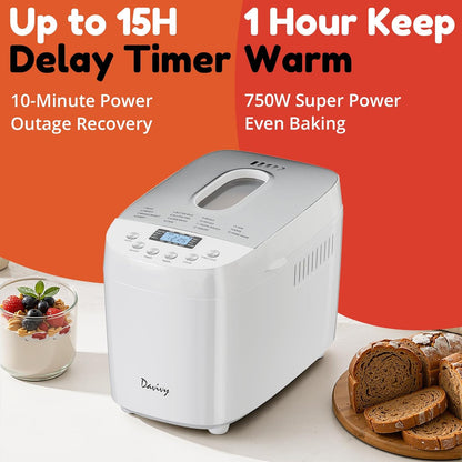 Davivy 3LB Large Capacity Bread Machine, 850W Powerful Automatic Bread Maker with 15 Programs, 3 Crust Colors & 1.5H 3LB Quick Bake, Nonstick Pan, 15H Delay Timer for Gluten Free Yogurt Dough