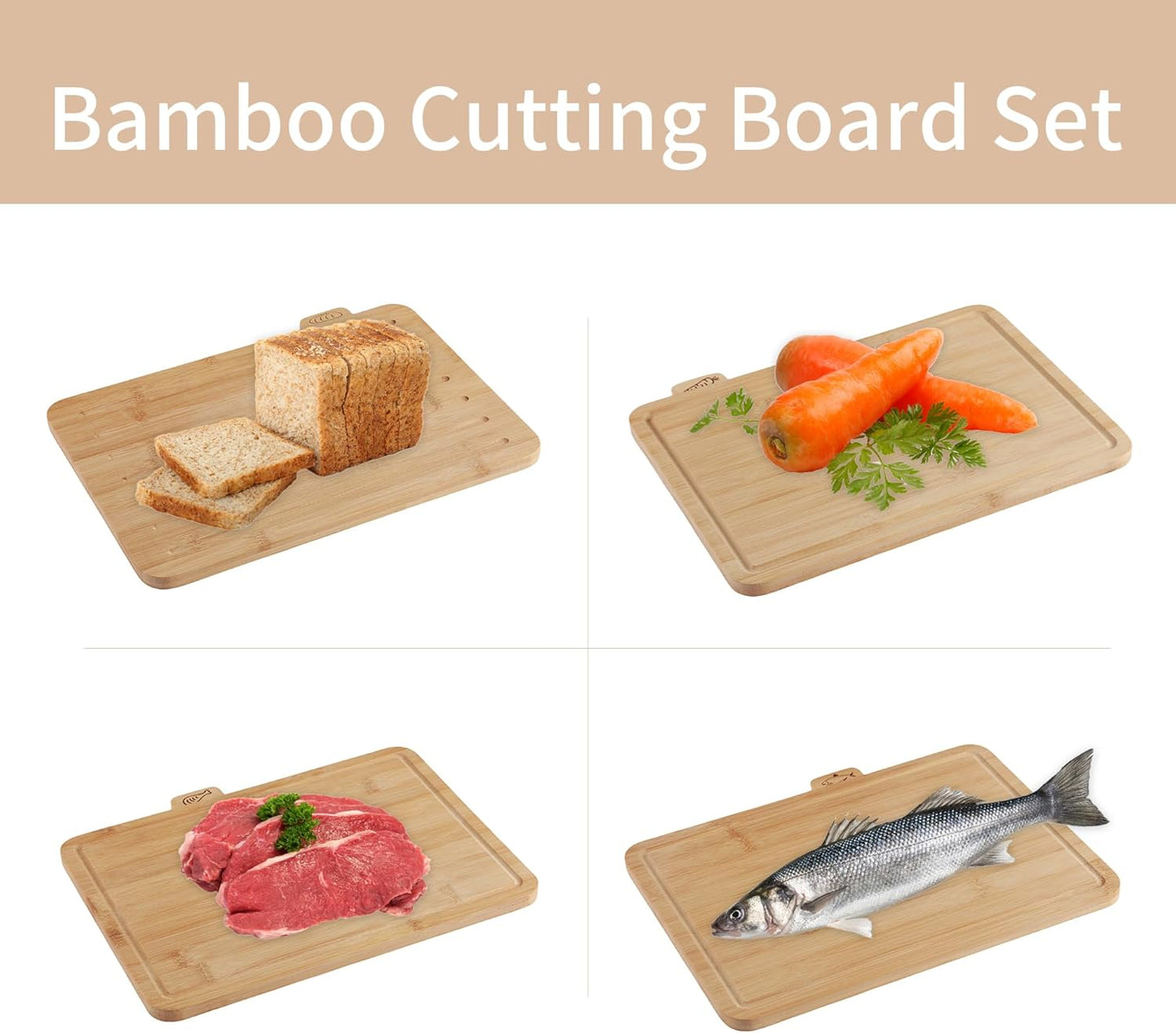 Fiery Chef Bamboo Cutting Board Set of 4 with Holder – Double-Sided Wood Chopping Boards with Food Icons & Juice Groove – For Meat, Fish, Bread, Vegetables & Fruit (12.6" x 9") - PuriLite