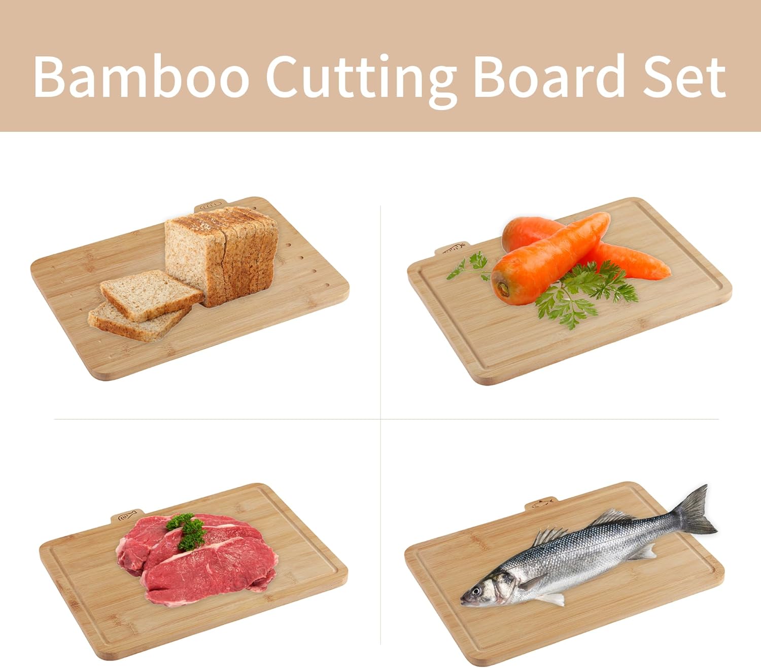 Fiery Chef Bamboo Cutting Board Set of 4 with Holder – Double-Sided Wood Chopping Boards with Food Icons & Juice Groove – For Meat, Fish, Bread, Vegetables & Fruit (12.6" x 9") - PuriLite