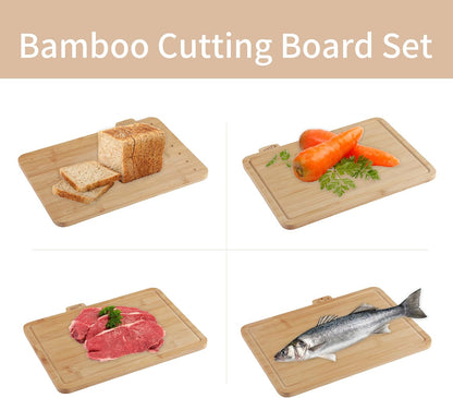 Fiery Chef Bamboo Cutting Board Set of 4 with Holder – Double-Sided Wood Chopping Boards with Food Icons & Juice Groove – For Meat, Fish, Bread, Vegetables & Fruit (12.6" x 9") - PuriLite