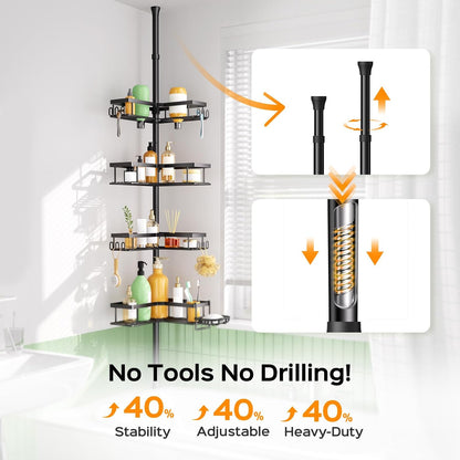 HAMITOR Corner Shower Caddy Tension Pole: 4-Tier Adjustable Organizer